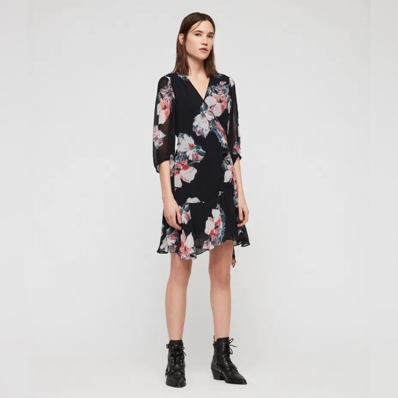 AllSaints Dresses & Skirts - All Saints Dress Women Small Blue Dark Floral Romantic Flirtatious Ruffle Boho
